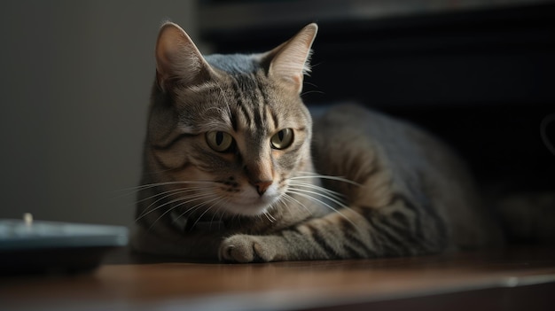 Gato sentado cerca de la computadora portátil