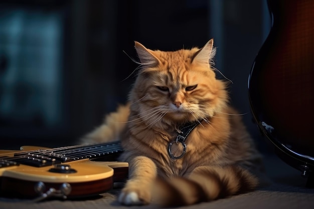 Gato sentado com guitarra pronto para show de rock criado com generative ai