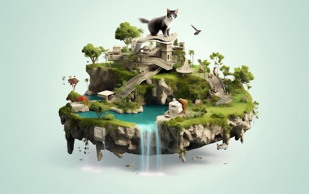 Gato sentado em uma ilha flutuante