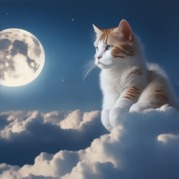 Foto gato sentado em uma ilustração de nuvem