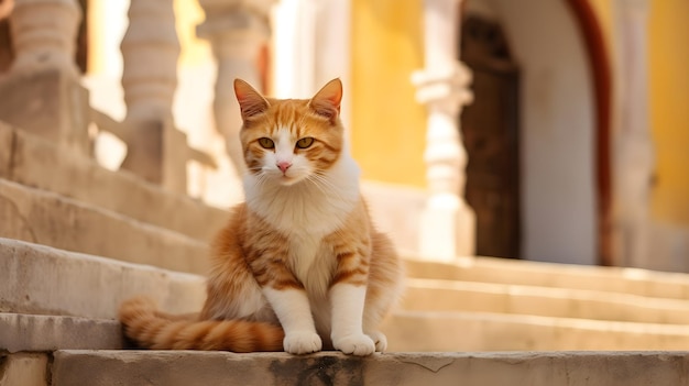 Un gato sentado en las escaleras