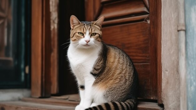 Un gato sentado en un escalón frente a una puerta.