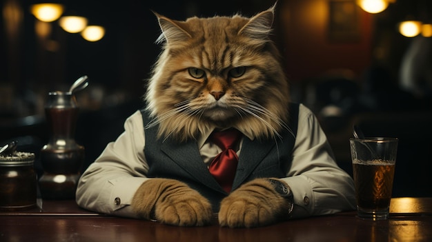 Un gato sentado en la mesa El gato parece un jefe de la mafia Ai generativo