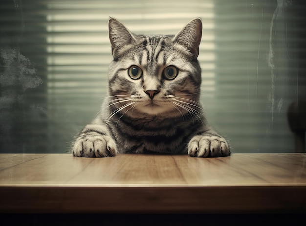 Gato sentado en la mesa de madera