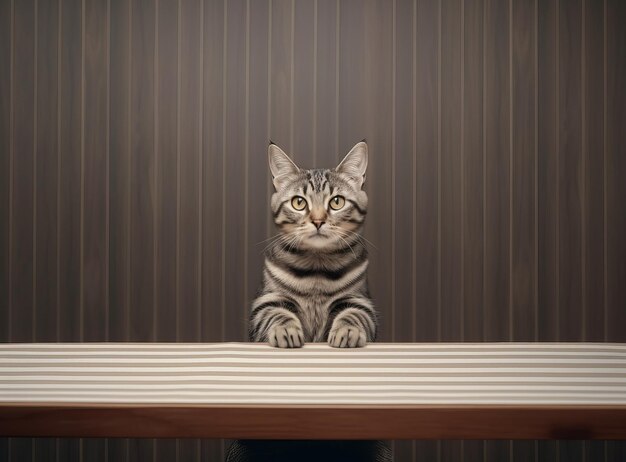 Gato sentado en la mesa de madera