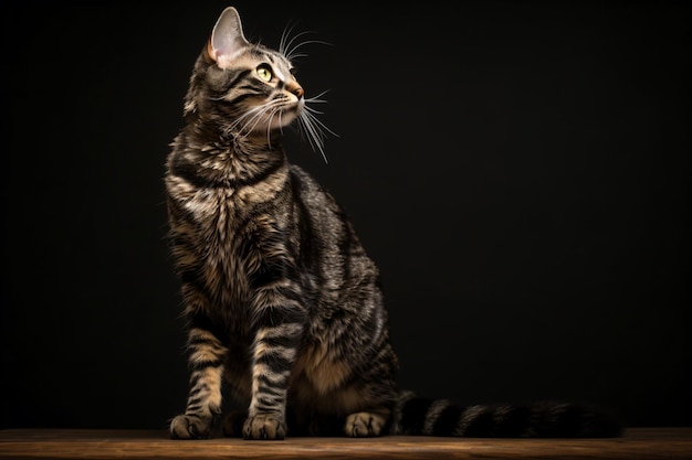 un gato sentado en una mesa mirando hacia arriba