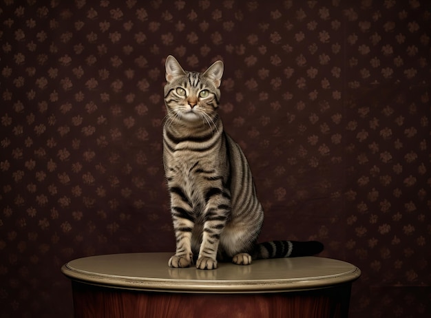 Gato sentado na mesa de madeira