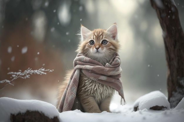 Gato sentado na neve profunda na tempestade de neve do inverno Gato usando cachecol de malha Generative AI