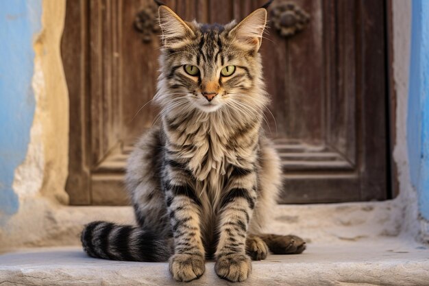 Gato sentado na porta