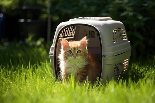 Gato sentado na transportadora na grama