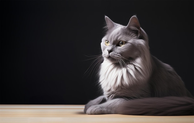 Foto gato sentado olhando para longe em um fundo escuro