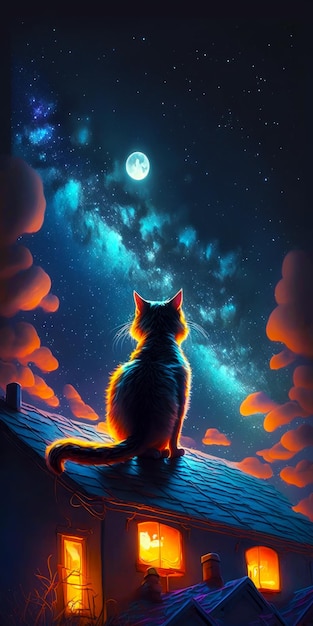 Gato sentado en la parte superior del techo bajo el cielo nocturno lleno de estrellas IA generativa
