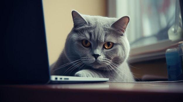 Gato sentado perto de laptop