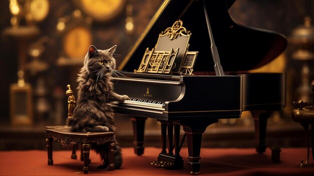 Foto un gato sentado en un piano de cola en miniatura como si fuera papel tapiz