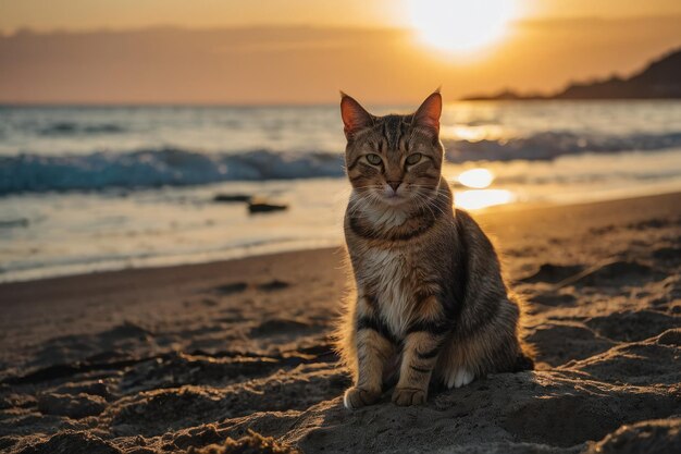 Foto un gato está sentado en la playa al atardecer