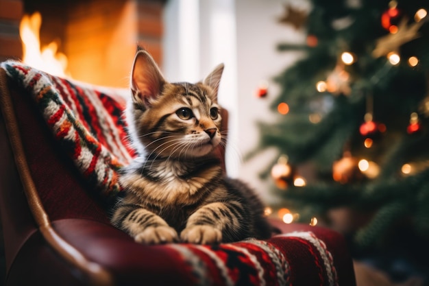 Un gato sentado en una silla frente a un árbol de navidad Imagen generativa de IA