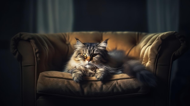 Un gato sentado en una silla con una luz brillando en su rostro.