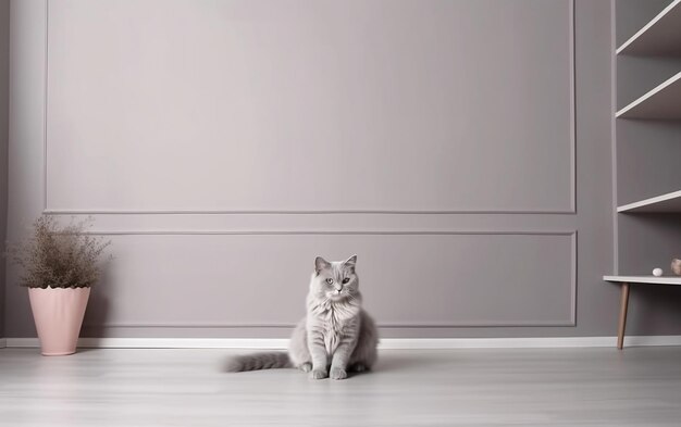 Un gato sentado en el suelo frente a una pared que tiene un marco blanco.