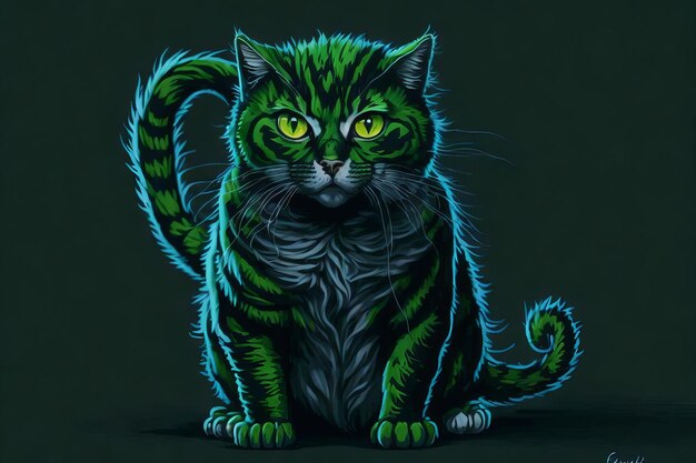 Gato sentado en tonos verdes y azules