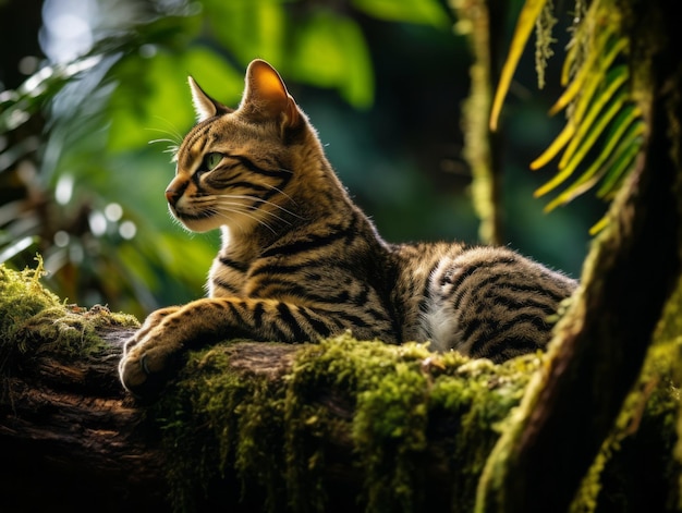 gato sereno descansando en la rama de un árbol rodeado de exuberante follaje