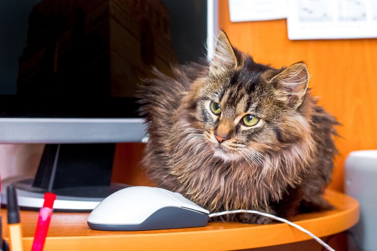 Foto un gato serio y esponjoso en la oficina cerca de la computadora y el mouse.