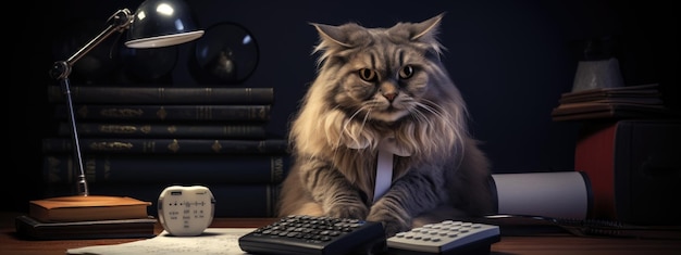 Gato serio en forma de contador sentado en un escritorio con una calculadora