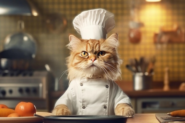 Gato serio rojo con gorro de chef y uniforme en la cocina Gato en forma de cocinero