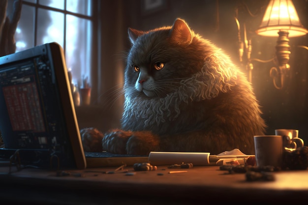 El gato serio se sienta en casa y usa una computadora portátil mientras trabaja de forma remota