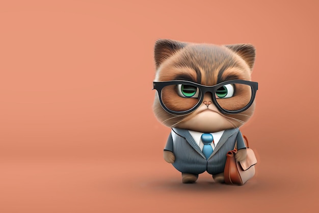 Un gato severo y serio con gafas Ilustración 3d de un jefe con un traje de negocios Gerente o maestro