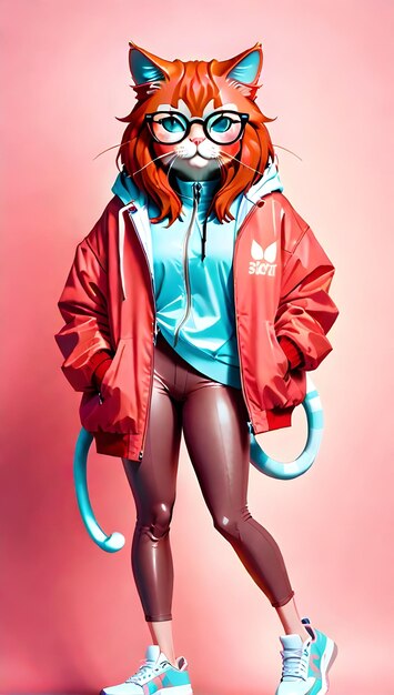 Gato sexy con gafas chaqueta de moda de gato con zapatillas de deporte en fondo pastel