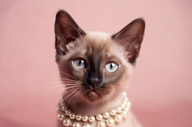 Un gato siamés con un collar de perlas.