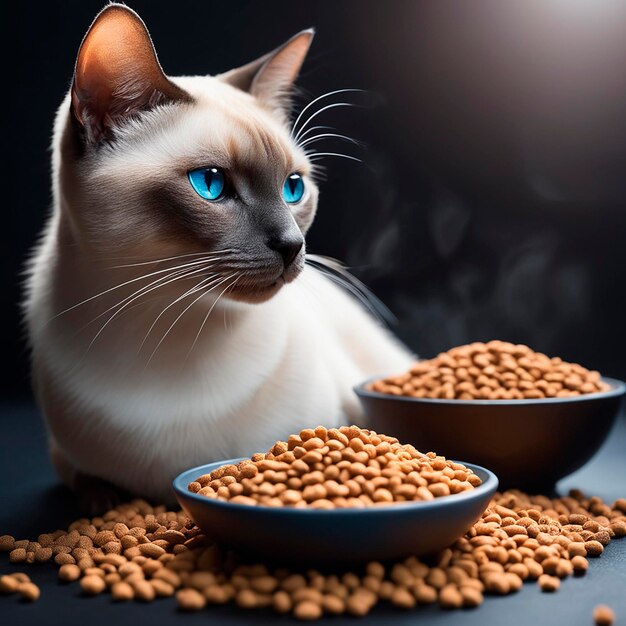 Gato siamês com olhos azuis senta-se na frente de tigelas de cerâmica com comida seca