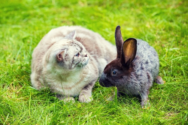 Foto gato siamés y conejo marrón sentados juntos en la hierba verde en el jardín de verano concepto de pascua