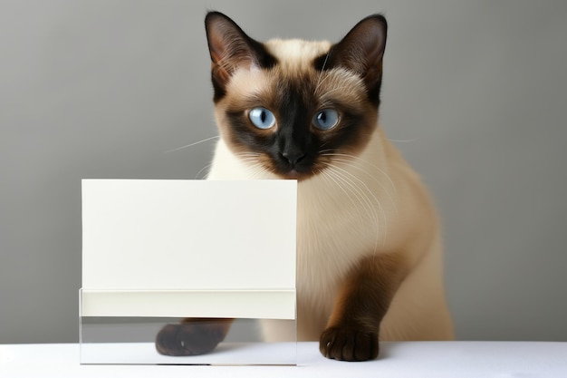 Gato siamês de pé atrás de um suporte de acrílico com um cartão em branco