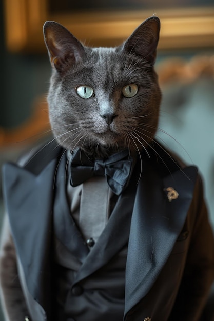 Foto un gato siamés con un elegante esmoquin moderno que hace hincapié en su cuerpo delgado y gracioso y su comportamiento refinado