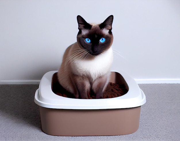 Gato siamés entrenado en el hogar sentado en un baño de gato o gatito