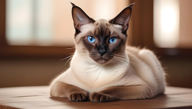 Gato siamés espléndido sentado en una mesa de madera para conmemorar el Día del Alegre Gato Siamés