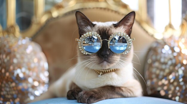 un gato siamés con gafas de sol con la palabra sequin en él