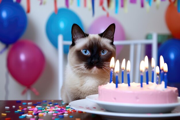 Foto gato siamés con pastel de cumpleaños y velas.