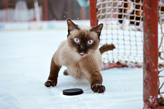 Foto gato siamês perseguindo um disco de hóquei em uma pista de gelo