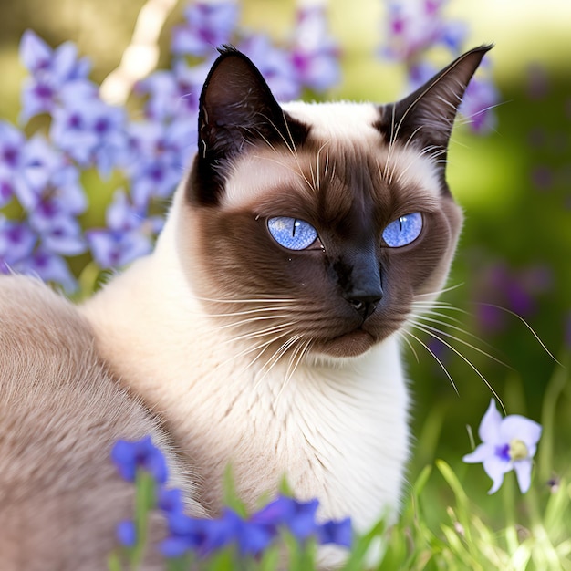 Gato siamés realista sobre un deslumbrante fondo natural al aire libre