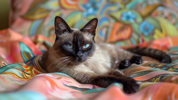 Foto un gato siamés relajado descansando en una colcha de colores vibrantes con ojos azules intensos