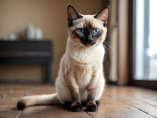 Gato siamés sentado en un piso de madera en una habitación con luz natural gato blanco y negro