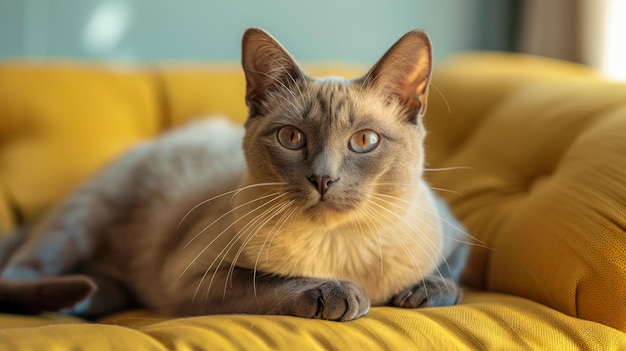 Gato siamés sereno descansando en un sofá amarillo en una habitación cálida y soleada Retrato de felino doméstico pacífico