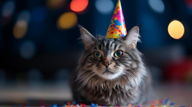 Gato siberiano bonito em chapéu de festa em fundo desfocado com bokeh