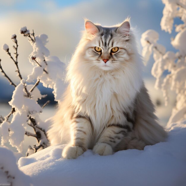 Foto gato siberiano camina en la nieve en invierno ai generativa al aire libre