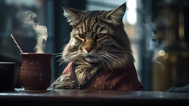 El gato siberiano con una camisa roja se sienta en un café y fuma ai generativo