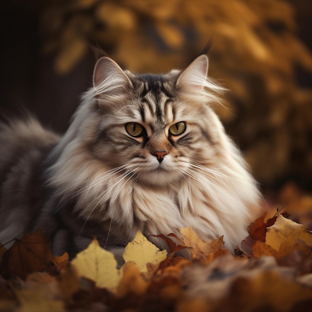 Gato siberiano majestuoso en la cama de las hojas de otoño