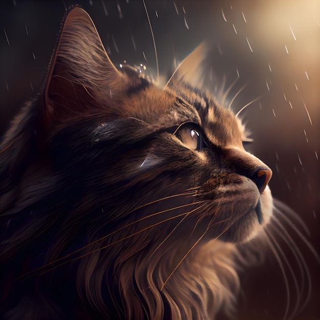 Gato siberiano na chuva Retrato de um gato