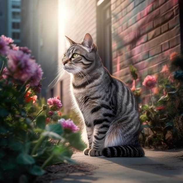 Un gato se sienta en una acera frente a un edificio con flores en primer plano.